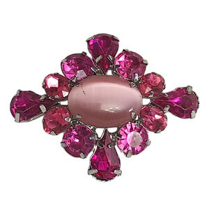 Vtg Pink Moonglow Rhinestone Silver Tone Pring Pin Brooch